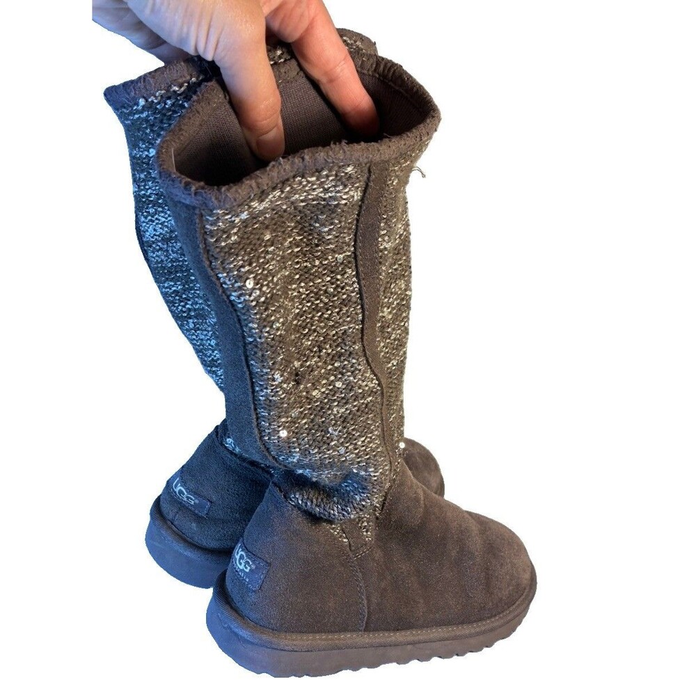 Ugg Boot Sz 7 Gray Suede Sparkle Wool Knit Sherling Winter Fall Warm Booties